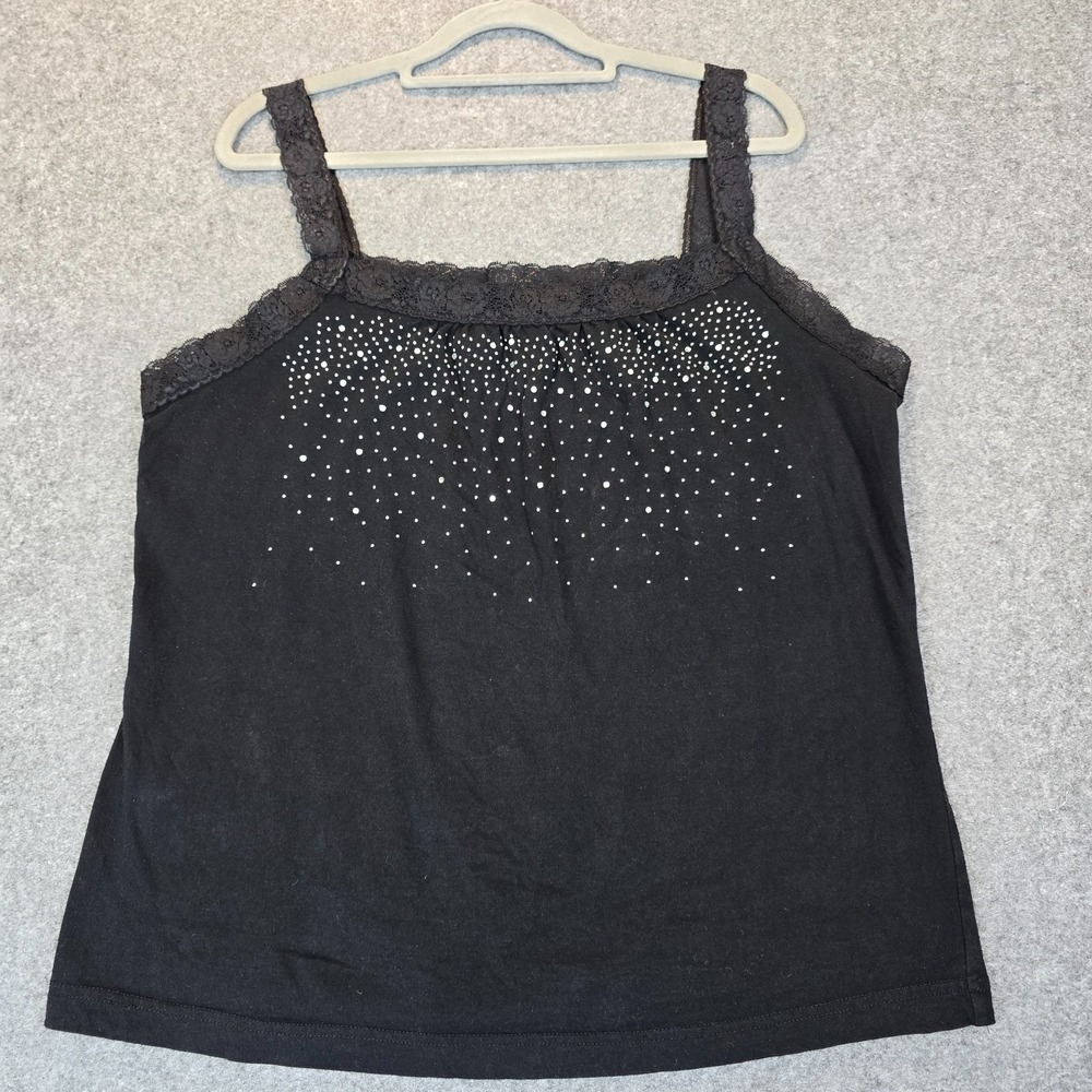 Womens Tank Top Black Embellished Lace Detail Square Neck Wide Strap Outdoor